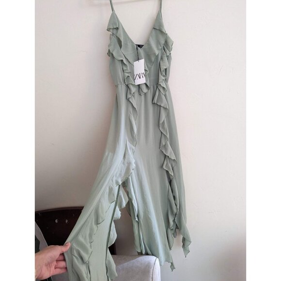 SOLD ZARA NEW WOMAN STRAPPY LONG DRESS RUFFLES ASYMMETRIC HEM SEA GREEN M - Picture 8 of 9